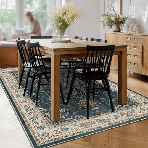 Distressed Vintage 5x7 Area Rugs for Living Room Bedroom Non Slip Washable, Medallion Pattern Printed Low Pile Farmhouse Carpet Rugs for Dining Room/Kitchen/Home Office, Deep Blue/Multi - Image 4