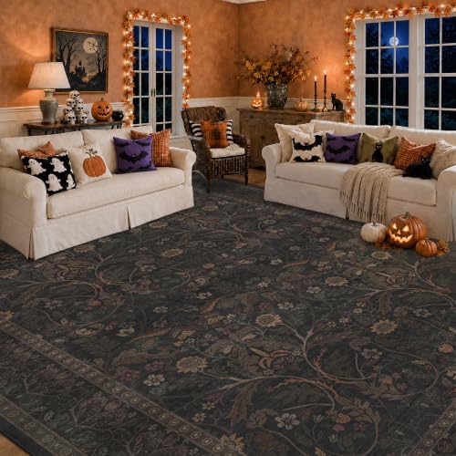 Washable 8x10 Dark Area Rug for Living Room, Black and Brown Halloween Rug for Bedroom Dining Room, Moody Floral Farmhouse Western Style, Large Gold Southwest Non Slip Low Pile Carpet (Dark Brown) - Image 6
