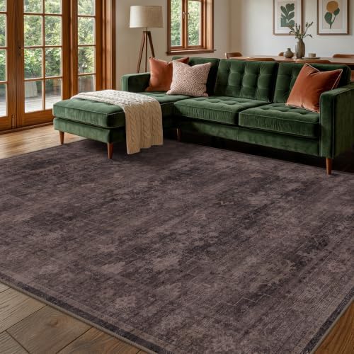 Farmhouse Dark Taupe Brown Rug for Dining Room Table- 6x9 Large Area Rugs for Living Room, Vintage Boho Washable Rug for Bedroom with Distressed Geometric Design, Stain Resistant Low Pile Non-Slip - Image 3