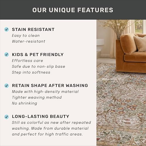 Moss Green 3x10 ft Extra Long Wide Runner Rug for Hallway Non Slip Washable, Large Kitchen Indoor Floor Rugs for Entryway Bathroom Bedroom, Stain Resistant Vintage Neutral Floral Carpet - Image 6