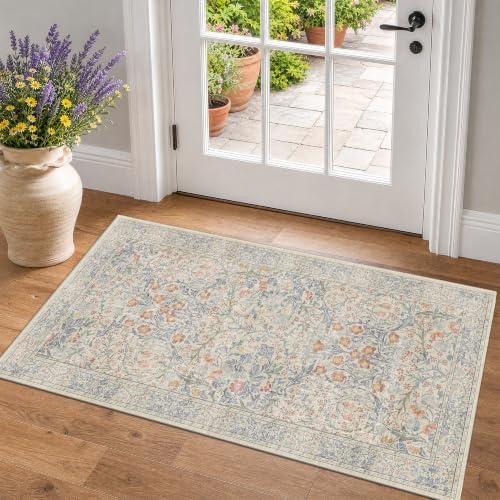 Washable 2x4 Rug Non Slip - Beige Blue Small Area Rugs for Entryway, Bathroom, Vintage Cream Floral Style Rug for Kitchen, Laundry Room by HazoHaus