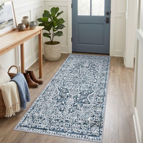 KUTA Vintage Washable Runner Rug 3x6 Blue White Wide Runners for Hallways by KUTA