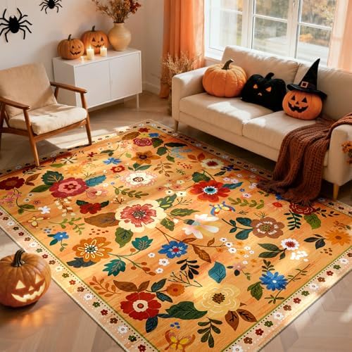 RELEANY Floral Washable 3x5 Area Rugs Orange/Yellow/Red by RELEANY
