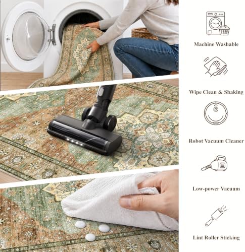 Boho Kitchen Rug Set of 3: Non-Skid Washable Kitchen Mats for Floor Soft Low Pile Kitchen Rugs and Runner for Entryway Bathroom Hallway Indoor Small Carpet Home Decor for Laundry (Green,2x3+2x4+2x5) - Image 5