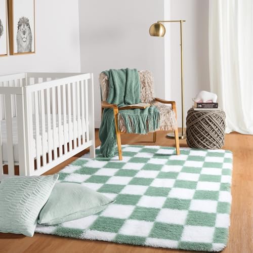 KICMOR Rugs for Bedroom Living Room, 3x5 Fluffy Soft Checkered Shag Area Rug Fuzzy Shaggy Plush Bedside Small Carpet, Sage Green and White Rug for Kids Boys Girls Dorm Nursery Home Decor Aesthetic - Image 5