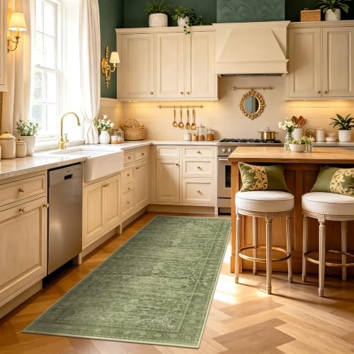 Sage Green Washable Runner Rug 2.6x8, Vintage Rug Runners for Hallway - Image 3