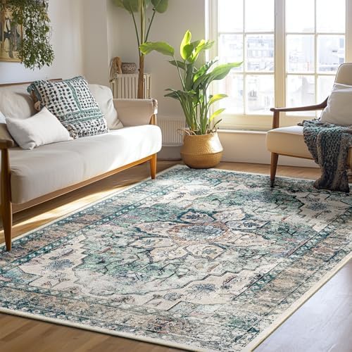 BESTSWEETIE Washable Boho 6x9 Area Rug, No Pile for Living Room, Green - Image 2