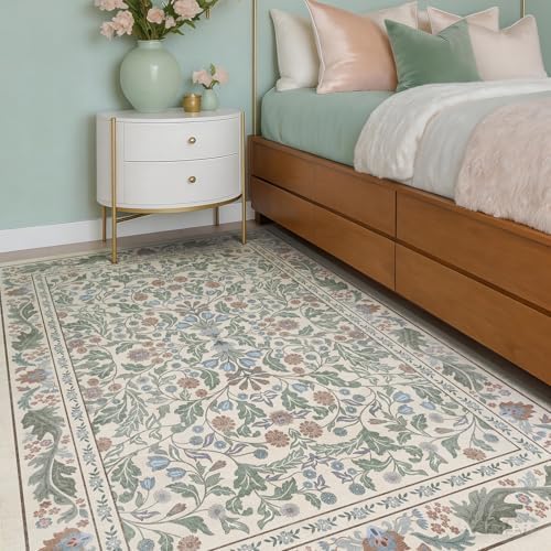 Floral Indoor Entrance 4x6 Area Rug, Washable Vintage Boho Entryway Rugs, Low Pile Non Slip Soft Carpet for Kitchen, Bedroom Beside, Laundry Room, Office Rug, Living Room, Nursery Room， Beige Green - Image 2