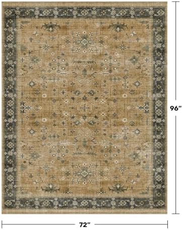 Traditional Washable 6x8 Area Rug for Living Room, Vintage Boho Dining Room Rugs for Under Table, Lightweight Foldable Low Pile Soft Carpet, Rustic Brown and Charcoal Olive Floral Design - Image 2