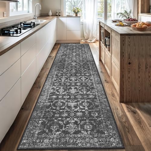 3x12 Washable Kitchen Runner Rug Non-Slip Vintage Black Throw Carpet by HOME