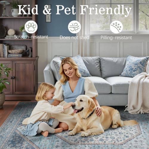 DCX 9x12 Washable Area Rug for Living Room, Non Slip Low Pile Rug, Blue - Image 5
