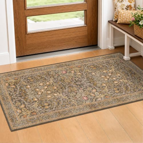 Brown Washable 2x4 Runner Rug Non Slip - Vintage Floral Small Rug for Kitchen, Bathroom, Front Door Rugs Indoor, Boho Gold Entryway Décor - Image 3