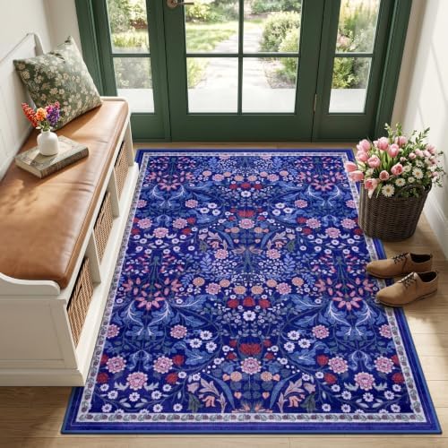 PLHXFR Area Rug Living Room: 3x5 Floral Washable Boho Soft Carpet Blue by PLHXFRSoftAreaRugs
