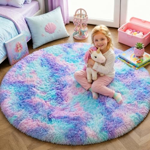 Fluffy Kawaii Round Rug 4Ft for Girls Bedroom, Purple Rainbow Mermaid Rugs by PAGISOFE
