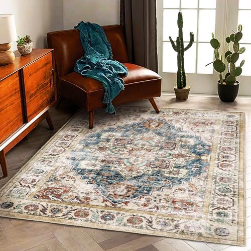 CHAMPLANT Retro Washable Area Rug 3'x5' Washable Living Room Boho Chic Medallion Distressed DesignIndoor Non-Slip Large Oriental Accent Throw Rug for Kitchen Bedroom Office Carpet by CHAMPLANT
