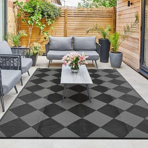 GAOMON Outdoor Rug 8x10 Area Rugs for Patio Waterproof Plastic Straw Rug Reversible Patio Rugs RV Camping Outdoor Carpet for Porch Patio Outside RV Deck Balcony Picnic Beach Decor Trellis-Black/Grey by GaoMon