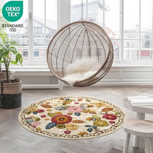 Washable 4ft Round Area Rug, Beige Boho Floral Non-Slip for Bedroom Kitchen - Image 3