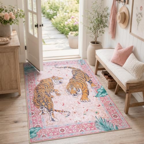Moynesa 3x5 Washable Pink Tiger Rug, Boho Vintage Rugs for Living Room by Moynesa