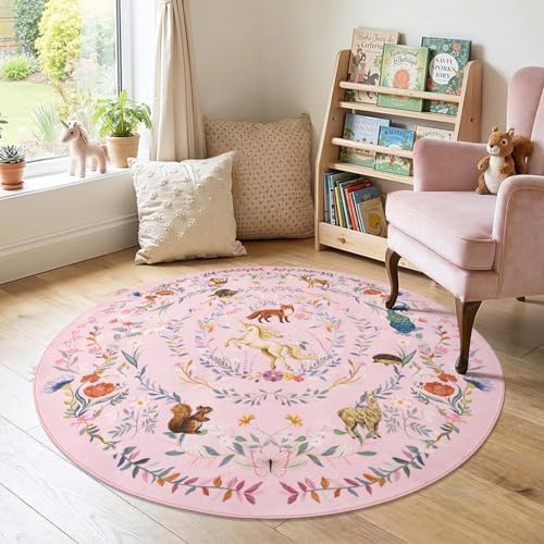 jinchan 5ft Round Rug Washable Kids Rug Whimsical Playroom, Lavender Pink - Image 3