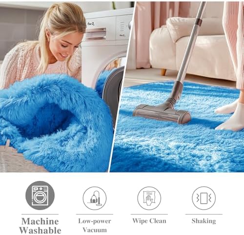 OLANLY Bright Blue Round Rugs for Bedroom - Machine Washable, 5 ft Circle Area Rugs for Living Room, Soft and Fluffy Shaggy Carpet for Teen Girl and Boys, Nursery Rooms, Dorms, Home Decor Aesthetic - Image 3