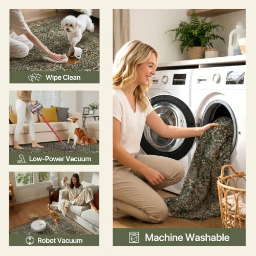 Bavni 4ft Round Area Rug 4x4, Washable Non Slip, Dark Green Brown - Image 4
