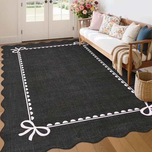 GarveeHome Scalloped Bow Rug 6x9 Washable Rug for Living Room, Black Pink by GarveeHome