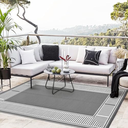 GAOMON Large Outdoor Camping Rug 9x18 Modern Bordered Reversible Outdoor Carpet, Foldable Retro Plastic Straw Rug, Portable Outside Patio Rugs Floor Mat for Porch, Beach, Balcony, Backyard,Border-Grey - Image 2