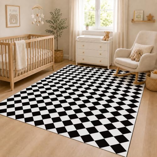 8x10 Checkered Rug for Living Room, soft Low Pile black and white Area Rugs - Image 3
