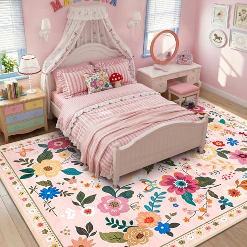RELEANY Floral Washable 8x10 Area Rugs Pink - Image 2