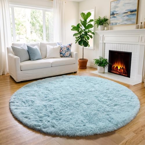 Amdrebio Light Blue Large Shag Plush Round Rug 6Ft for Living Room Bedroom - Image 5