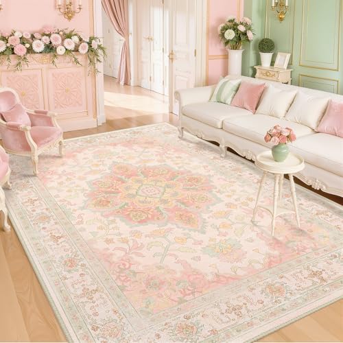 CAPALOCA 6x9 Washable Nursery Girls Low Pile Area Rug Pink Green by CAPALOCA