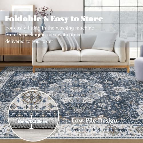 Area Rug 6x9 Washable Rug, Vintage Boho Medallion Rugs Non-Slip Soft Low Pile Large Distressed Rug Indoor Retro Carpet for Living Room Bedroom Dining Room Home Office (Vintage Blue, 6'x9') - Image 6