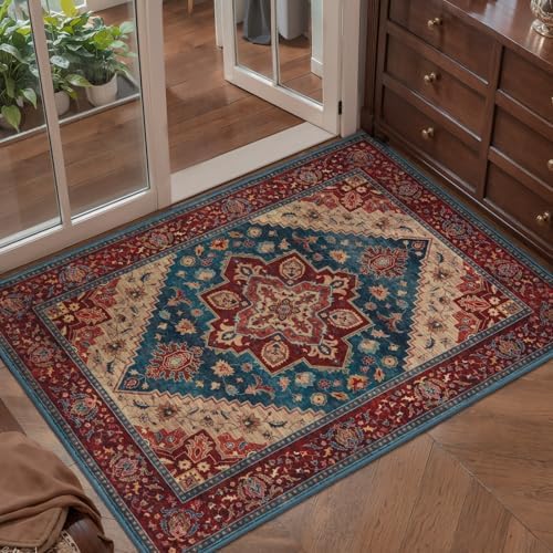 Tangsoo Oriental 2x3 Washable Rugs for Entryway Non Slip Small Rug Red Blue - Image 2