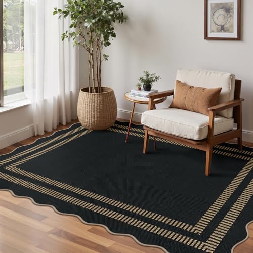 Scalloped Modern Easy Jute Carpet, 4x6 Outdoor Patio Washable Area Rug, Indoor Black Kitchen Rugs Farmhouse Neutral Non Slip Rug for Living Room Patio Entryway - Image 7