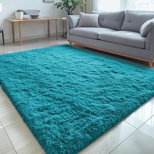 OLANLY 5x7 Machine Washable Large Area Rugs for Living Room, Bedroom, Soft Fluffy Shaggy Bedside Rug, Indoor Floor Carpet for Kids Girls and Boys, Dorms, Nursery, Home Decor Aesthetic, Teal by OLANLY