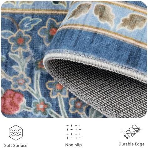 9x12 Large Area Rugs, Machine Washable Low Pile Floral Rugs for Living Room, Bedroom, Boho Style with Non-Slip Backing Nursery Rug(Blue Floral) - Image 7