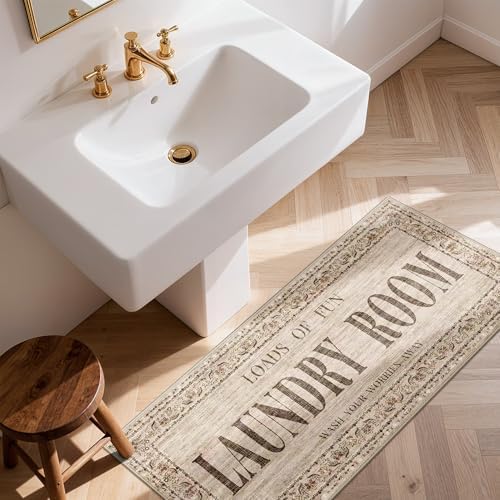 RUUGME 20x48 Laundry Room Rug Runner - Non Slip Washable Carpet for Mudroom Washroom Soft Stain Resistant Carpets Durable Low Pile Farmhouse Decor Floor Mat for Bathroom 20"x48" Natural Wood Brown - Image 2