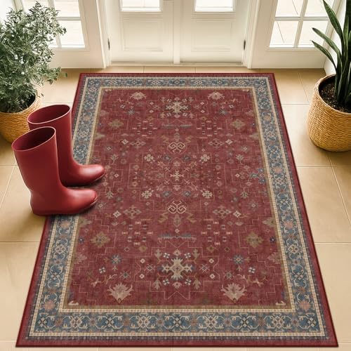 Washable 3x5 Entry Way Rugs Indoor - Burgundy Large Kitchen Rug, Non Slip Unique Bohemian Red Low Pile Thin Carpet for Bedroom Bedside, Foyer by HazoHaus