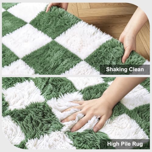 Large Area Rugs for Living Room Bedroom,9x12 Green and White Fluffy Soft Checkered Rug Fuzzy Shag Shaggy Carpet,Indoor Plush Floor Rugs for Teen Dorm Home Decor - Image 5