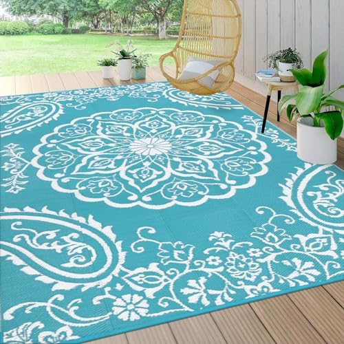 Pauwer Outdoor Rug 10x14, Waterproof Plastic Straw Camping Rug, Boho Teal by Pauwer