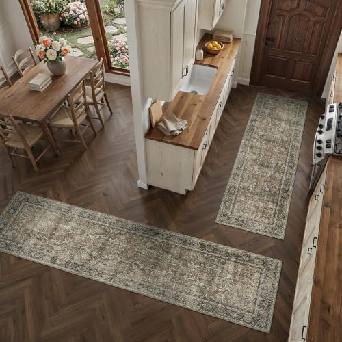 PureCozy Brown Kitchen Rug Set 2 Piece 2x6+2x10 Vintage Distressed by PureCozy