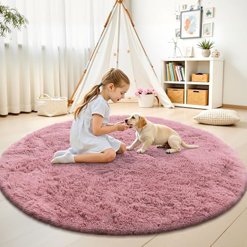 OLANLY Pale Pink Round Rugs for Bedroom - Machine Washable, 6 ft Circle Area Rugs for Living Room, Soft and Fluffy Shaggy Carpet for Teen Girls and Boys, Nursery Rooms, Dorms, Home Decor Aesthetic - Image 2