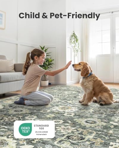 Amada Large 9x12 Washable Area Rug for Living Room, Green/Brown, Vintage - Image 4