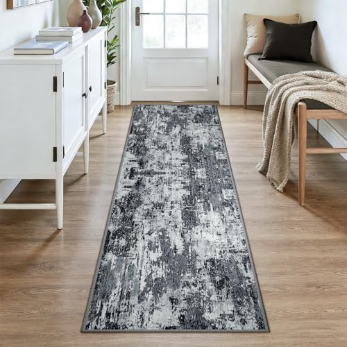 RELEANY Washable Runner 3'x8' Abstract Area Rug for Hallway Black White - Image 2