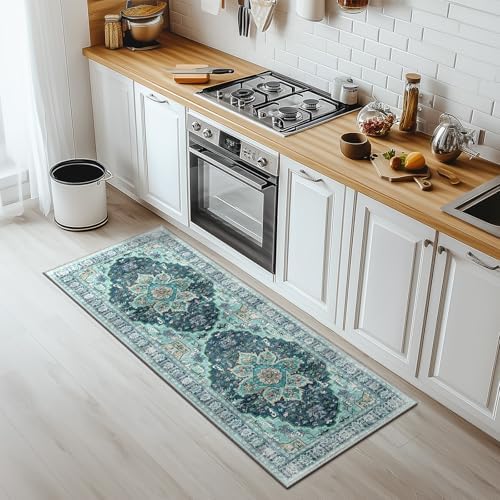 BESTSWEETIE Washable Boho 2x6 Area Rug for Living Room, Teal Dark Green by BESTSWEETIE