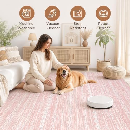Nakagishi Boho 6x9 Area Rug Living Room Rugs Machine Washable Pink - Image 4