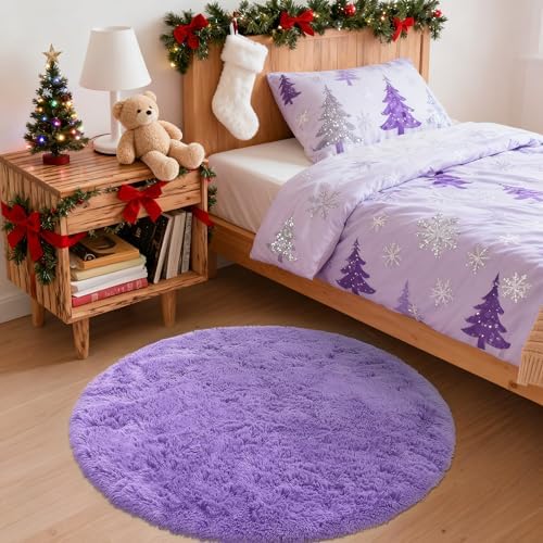 OLANLY Purple Round Rugs for Bedroom - Machine Washable, 3 ft Circle Area Rugs for Living Room, Soft and Fluffy Shaggy Carpet for Teen Girls and Boys, Nursery Rooms, Dorms, Home Decor Aesthetic - Image 3
