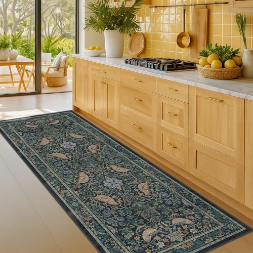 Botanical Bird 2x6 Entryway Rugs Indoor, Machine Washable Runner Rugs for Hallway, Blue and Teal Non Slip Mat for Bathroom, Bedroom Beside Bed, Kitchen, Stain Resistant Forest Green Décor - Image 6