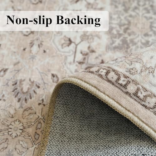Washable 8ft Round Area Rug - Living Room Oriental Non Slip Soft Rugs Indoor Low Pile Stain Resistant Carpet for Bedroom Dining Room Farmhouse Distressed Thin Home Decor Floor Mat(8Round,Beige) - Image 5