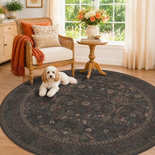7ft Round Rug for Living Room, Moody Farmhouse Floral Circle Area Rug, Washable Dark Brown Botanical Carpet for Under Bed, Soft Low-Pile Vintage Carpet for Study, Guest Room, Aesthetic Decor by Evyhood